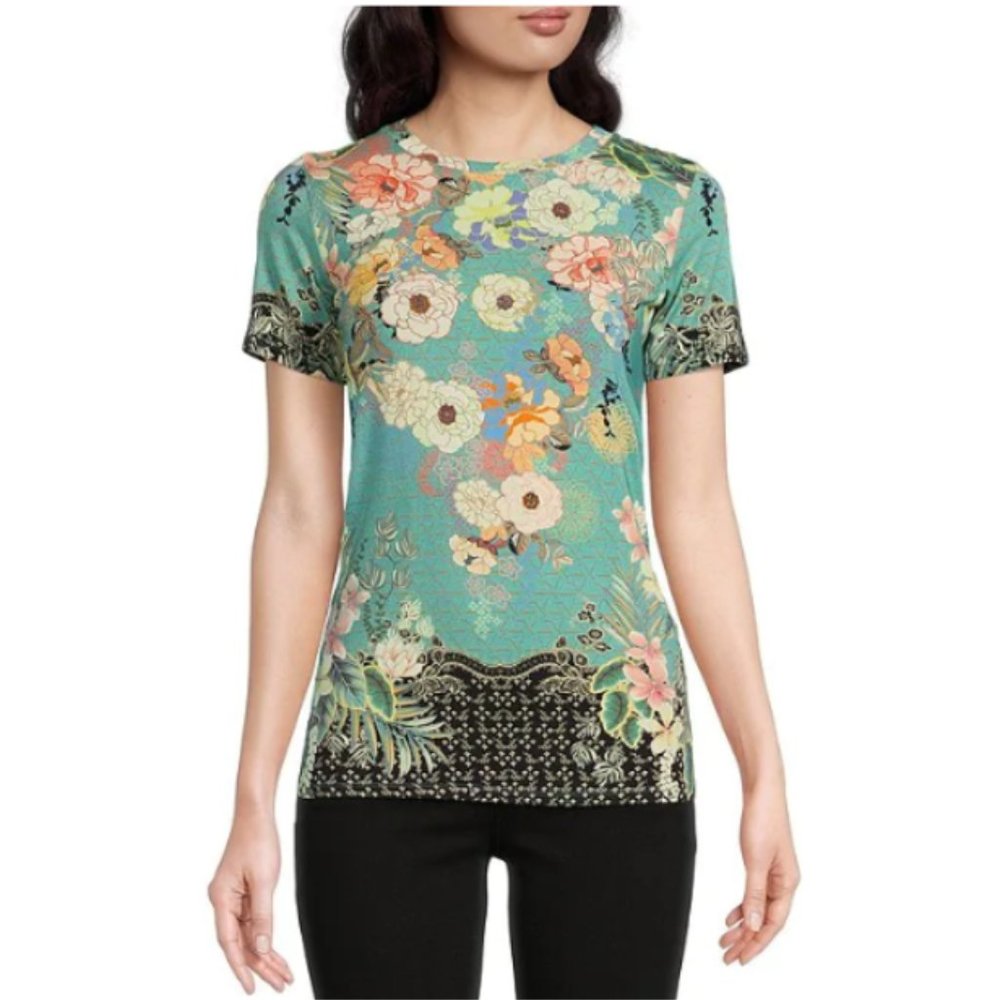 Johnny Was Millay Floral Print Short Sleeve Bamboo Knit Jersey Tee Medium